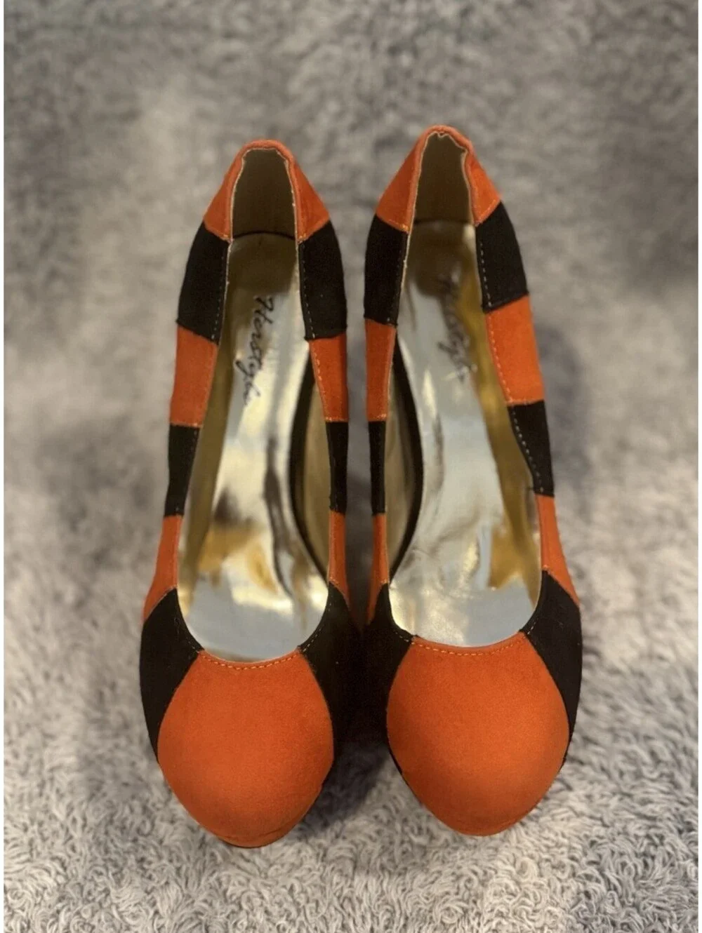 Brander Women’s 8 Platform Pumps Orange Black Colorblock Faux Suede Stiletto